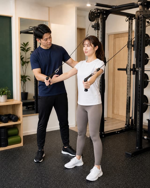 トレーナーがマシン運動を支えるイメージ